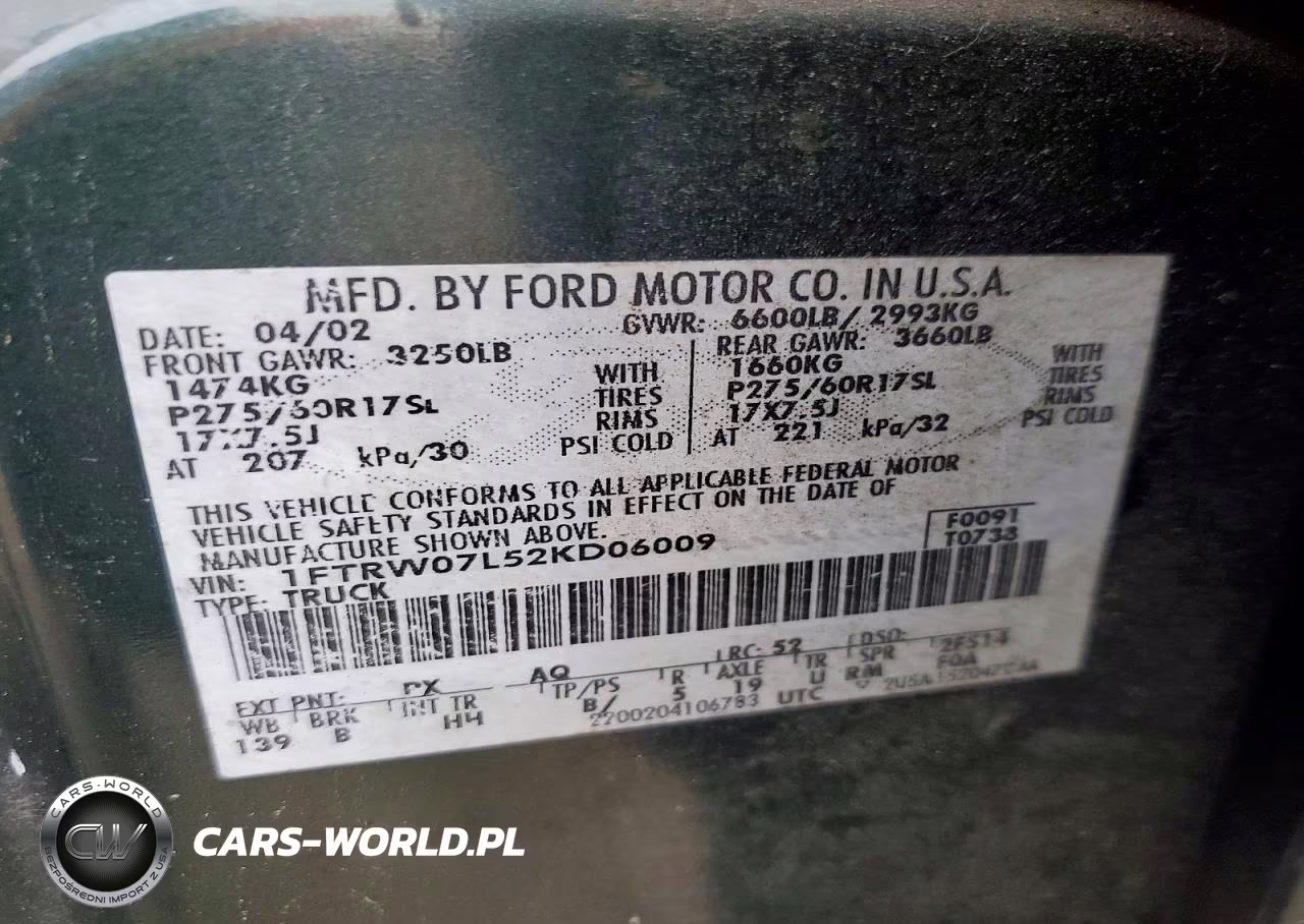 2002 Ford F150 Supercrew VIN:1FTRW07L52KD06009 - 12
