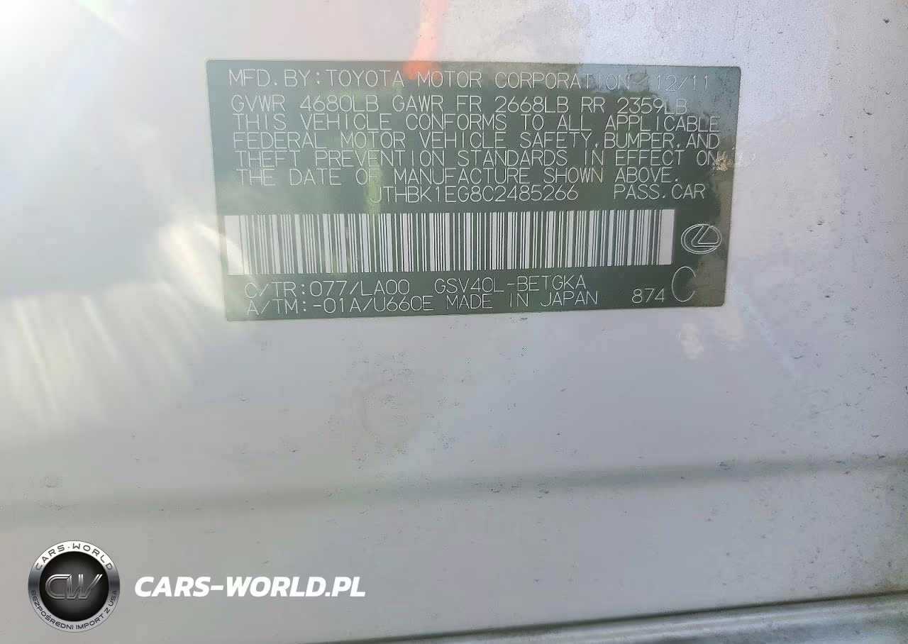 2012 Lexus Es 350 VIN:JTHBK1EG8C2485266 - 12