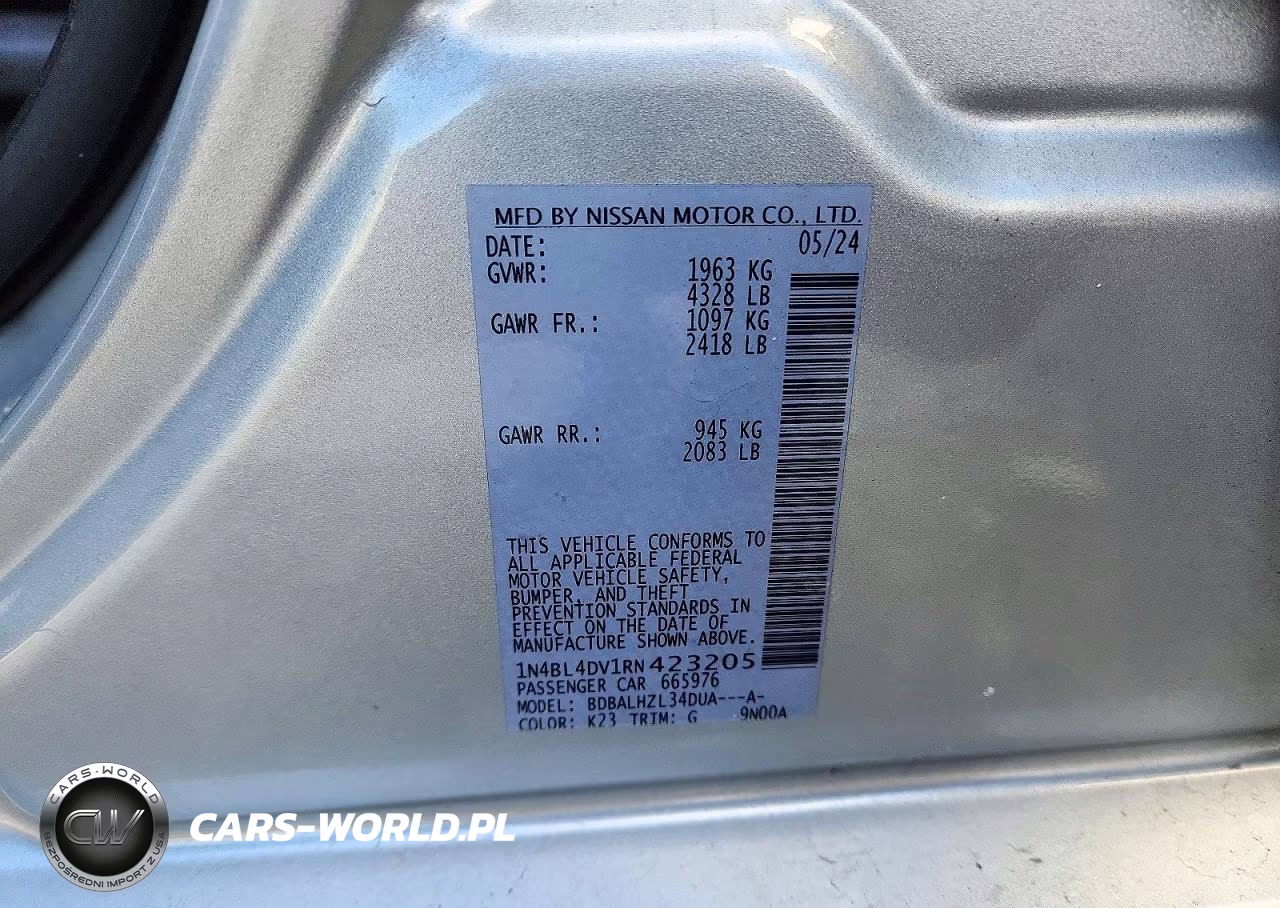 2024 Nissan Altima Sv VIN:1N4BL4DV1RN423205 - 12