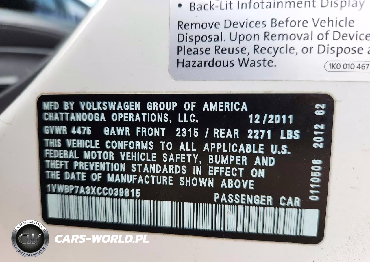 2012 Volkswagen Passat Se VIN:1VWBP7A3XCC039815 - 12