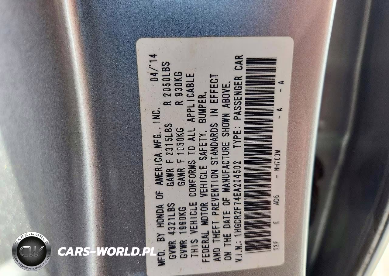 2014 Honda Accord Ex VIN:1HGCR2F74EA204502 - 12