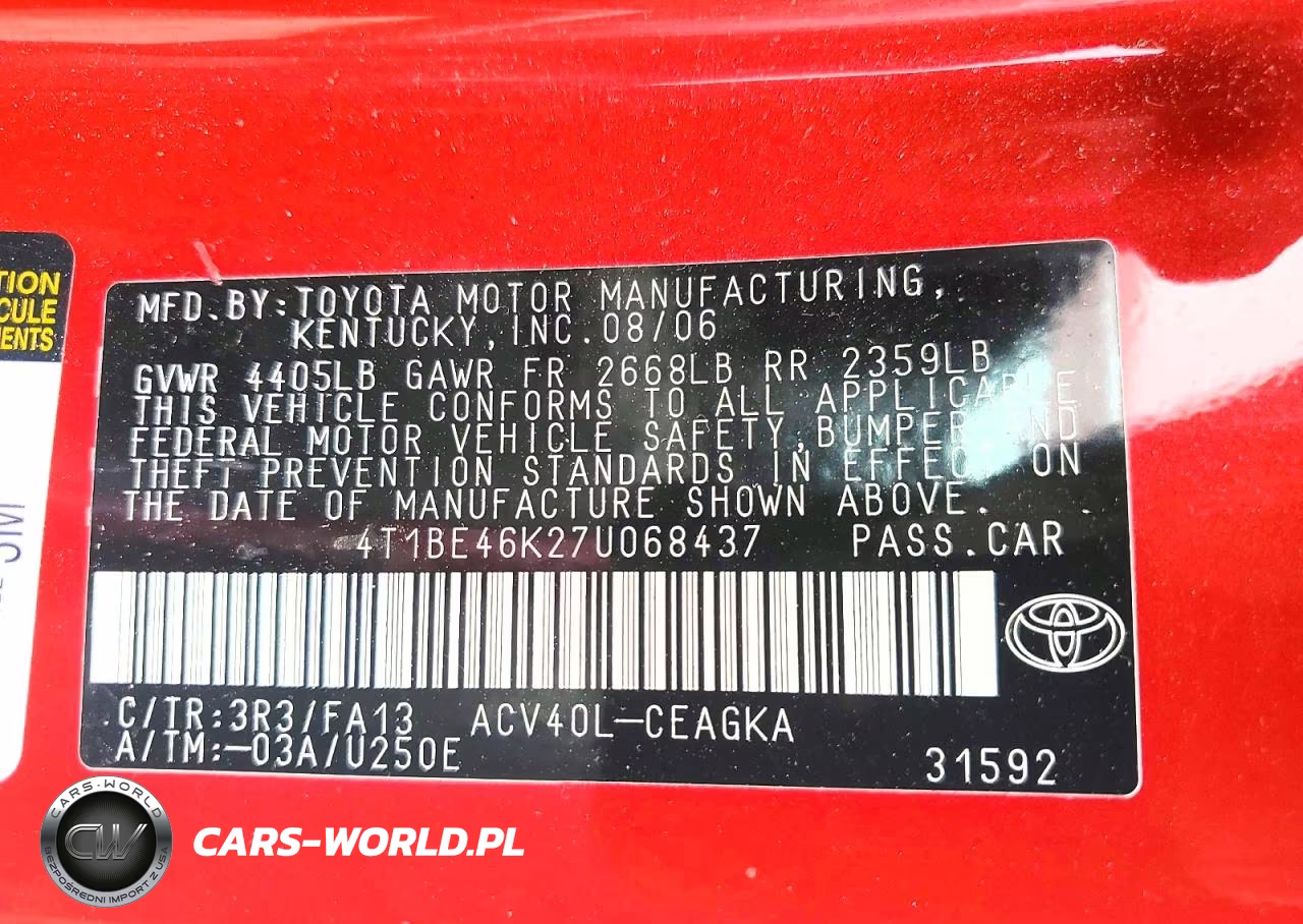 2007 Toyota Camry VIN:4T1BE46K27U068437 - 12