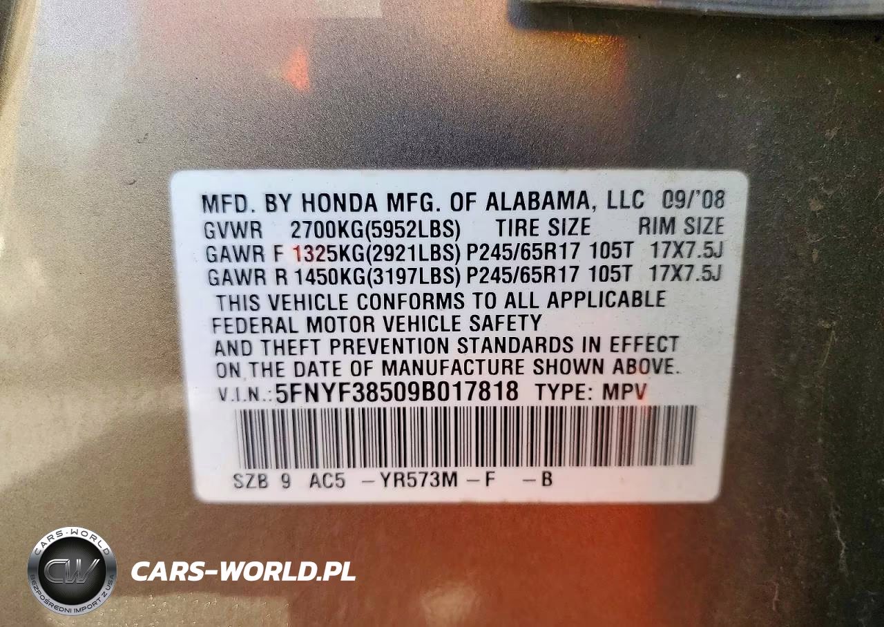 2009 Honda Pilot Exl VIN:5FNYF38509B017818 - 13