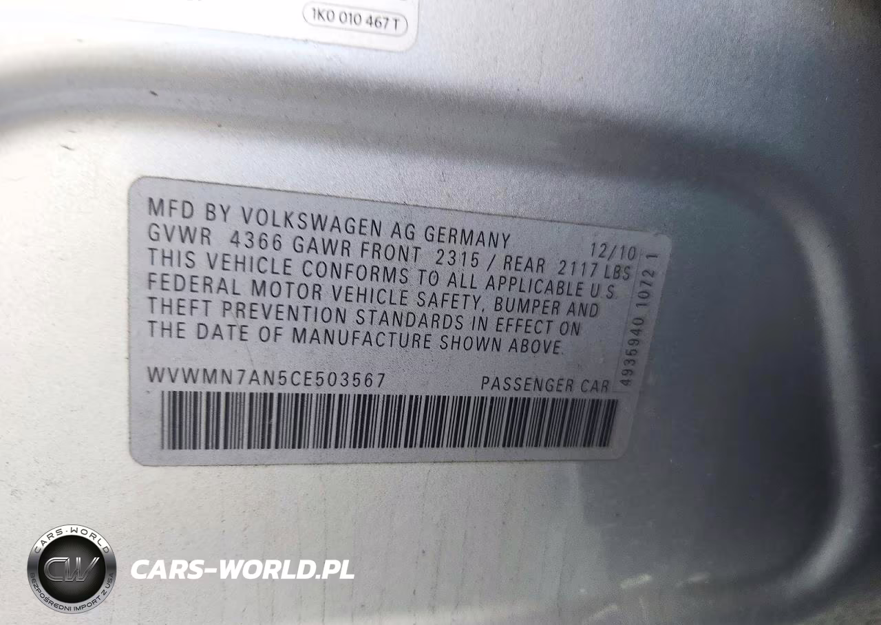 2012 Volkswagen Cc Sport VIN:WVWMN7AN5CE503567 - 12