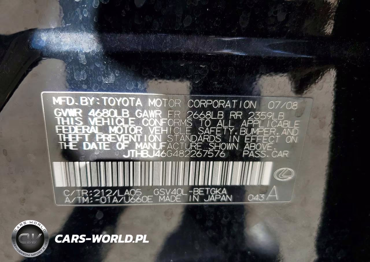 2008 Lexus Es350 VIN:JTHBJ46G482267576 - 12