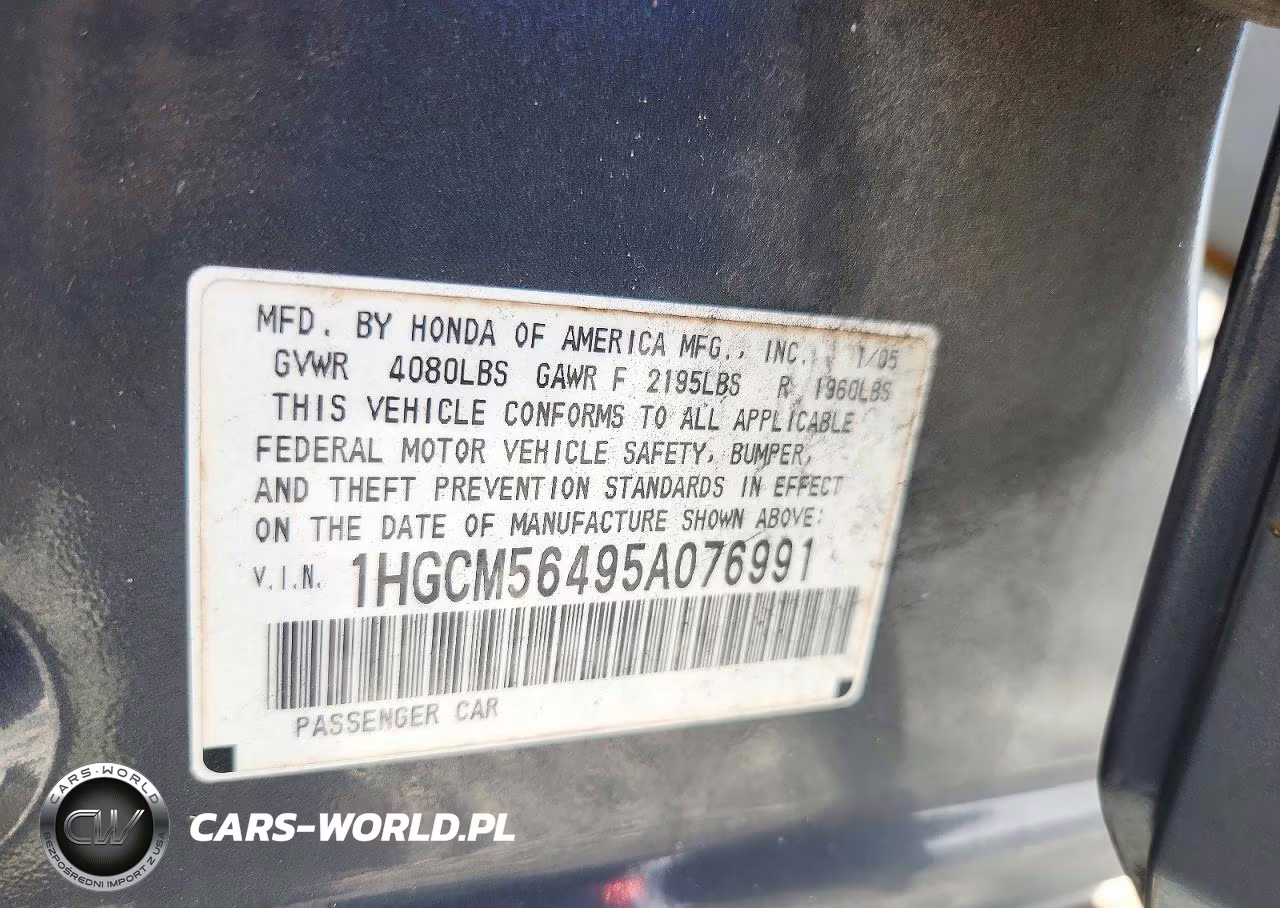 2005 Honda Accord Lx VIN:1HGCM56495A076991 - 12