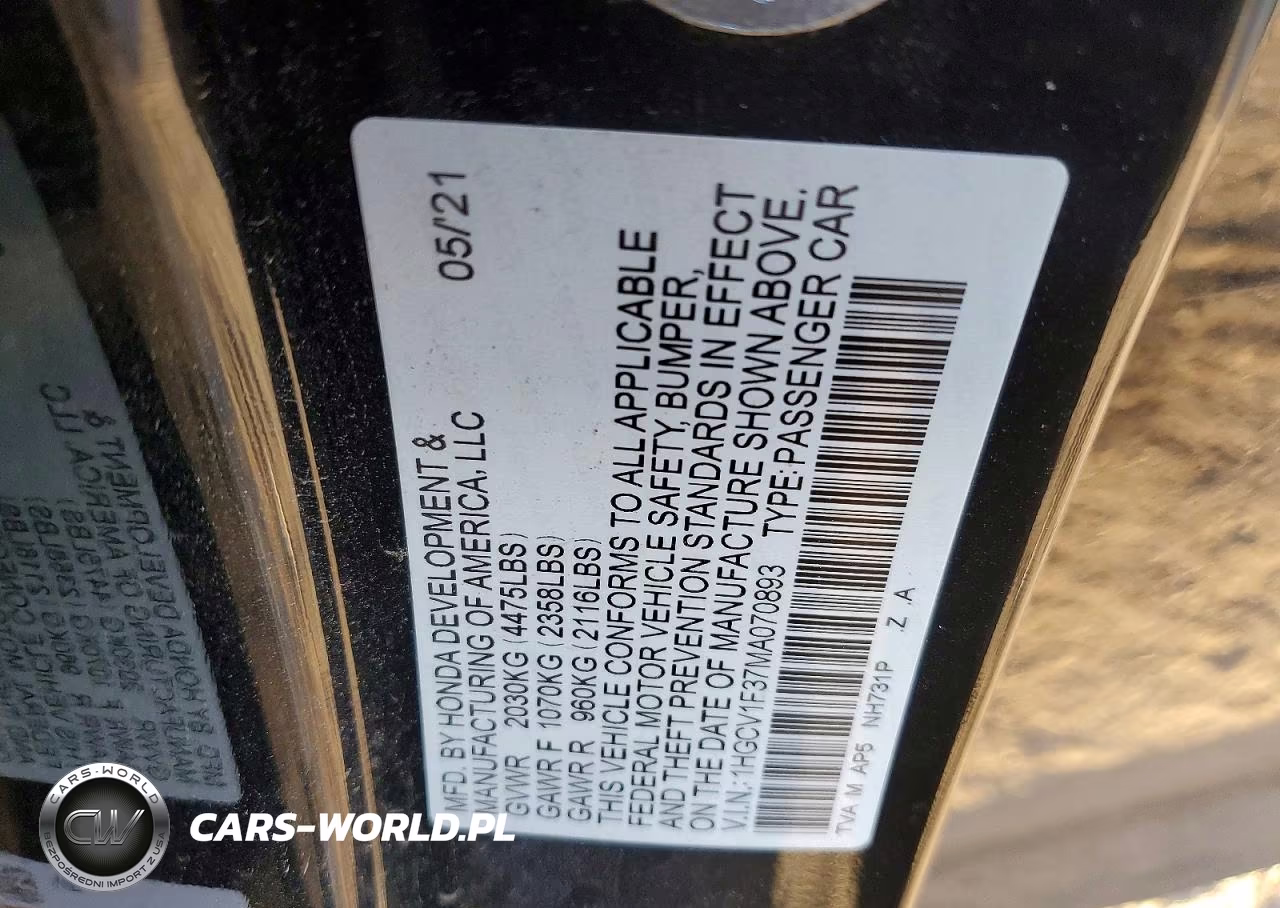 2021 Honda Accord Sport VIN:1HGCV1F37MA070893 - 12