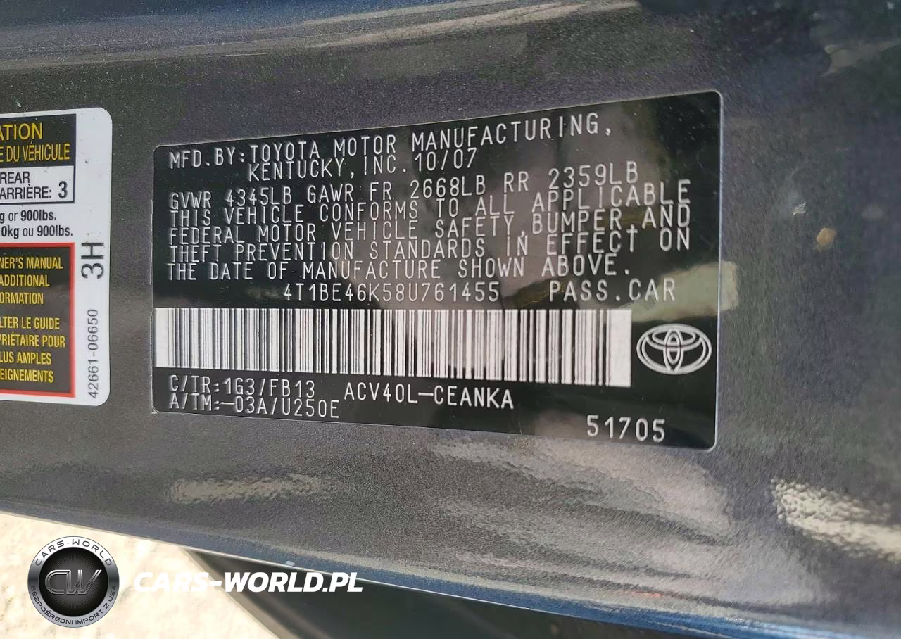 2008 Toyota Camry Le VIN:4T1BE46K58U761455 - 12