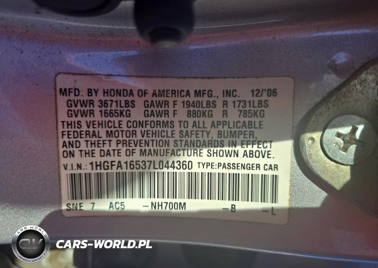 2007 Honda Civic Lx VIN:1HGFA16537L044360 - 12