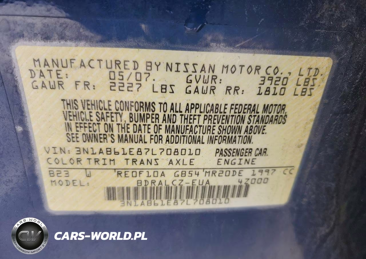 2007 Nissan Sentra 2.0 VIN:3N1AB61E87L708010 - 12
