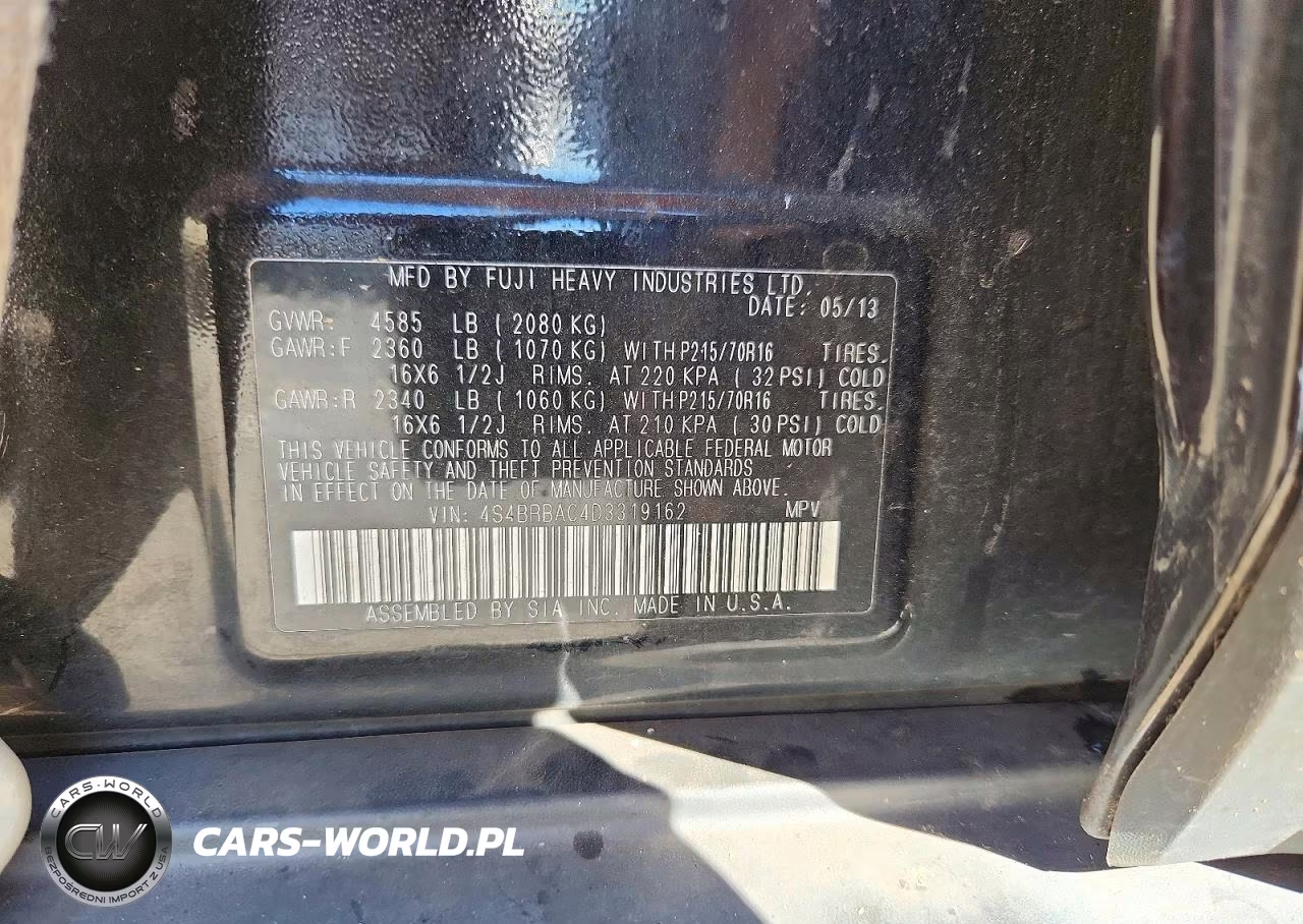 2013 Subaru Outback 2.5I VIN:4S4BRBAC4D3319162 - 12