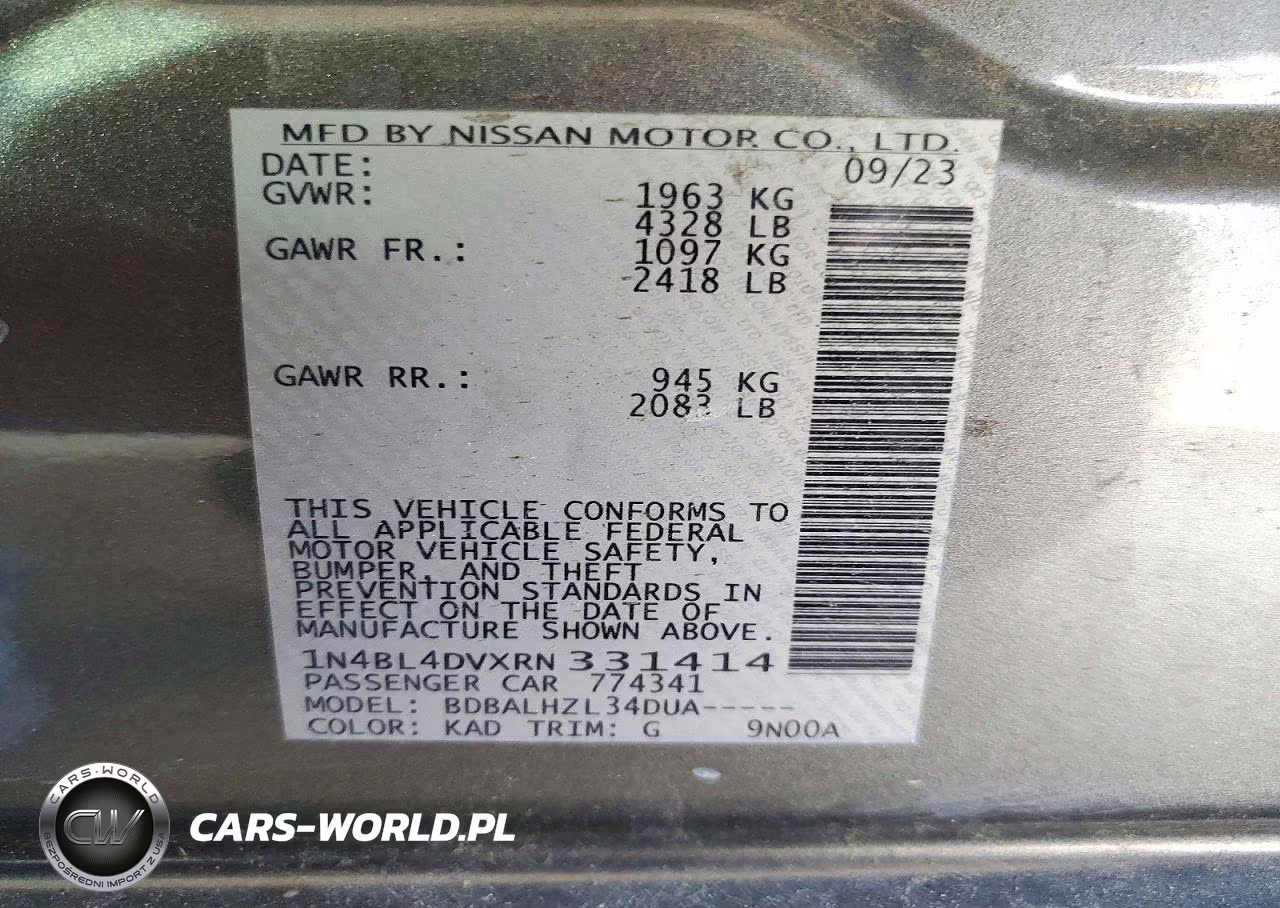 2024 Nissan Altima Sv VIN:1N4BL4DVXRN331414 - 13