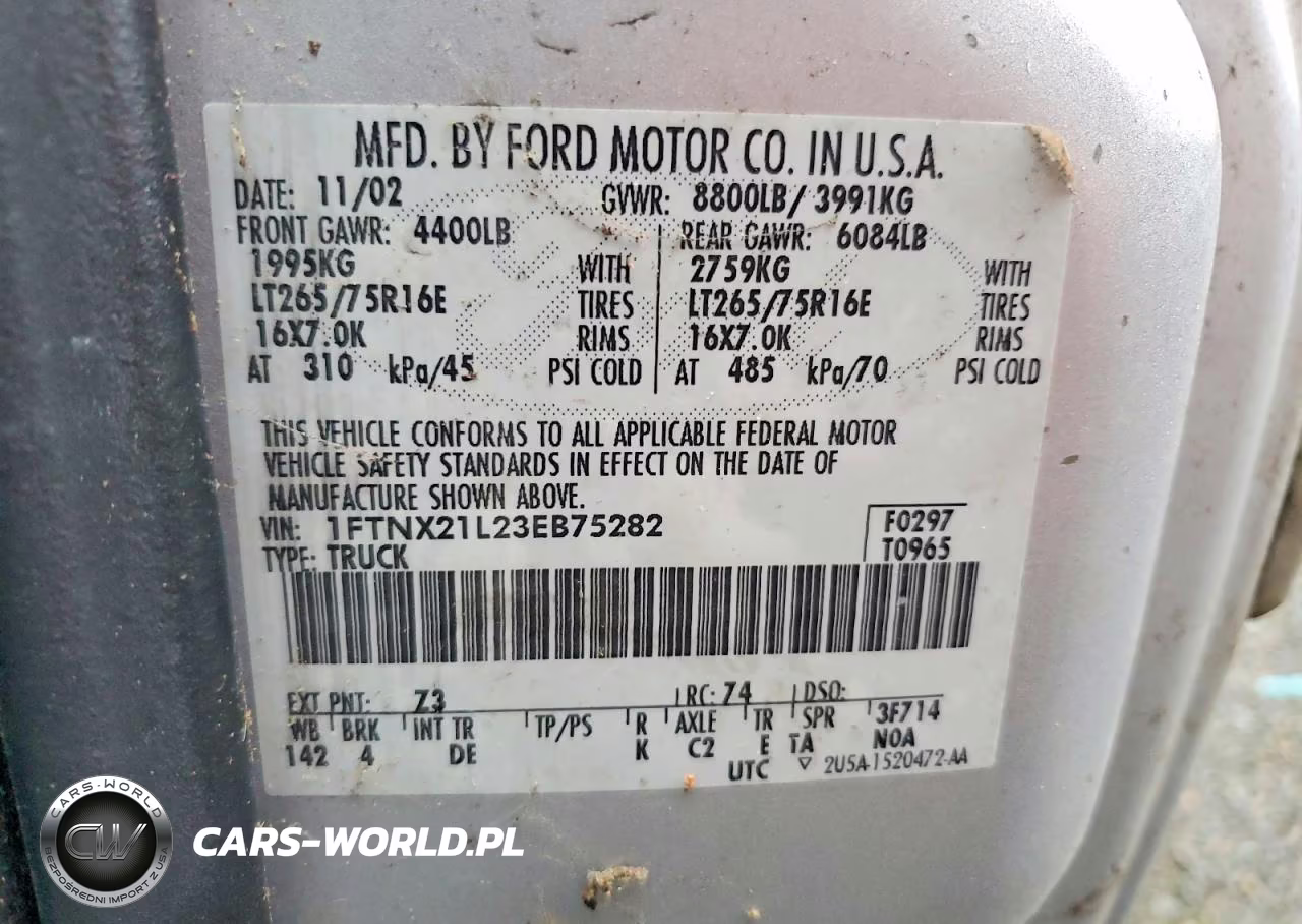 2003 Ford F250 Super Duty VIN:1FTNX21L23EB75282 - 12