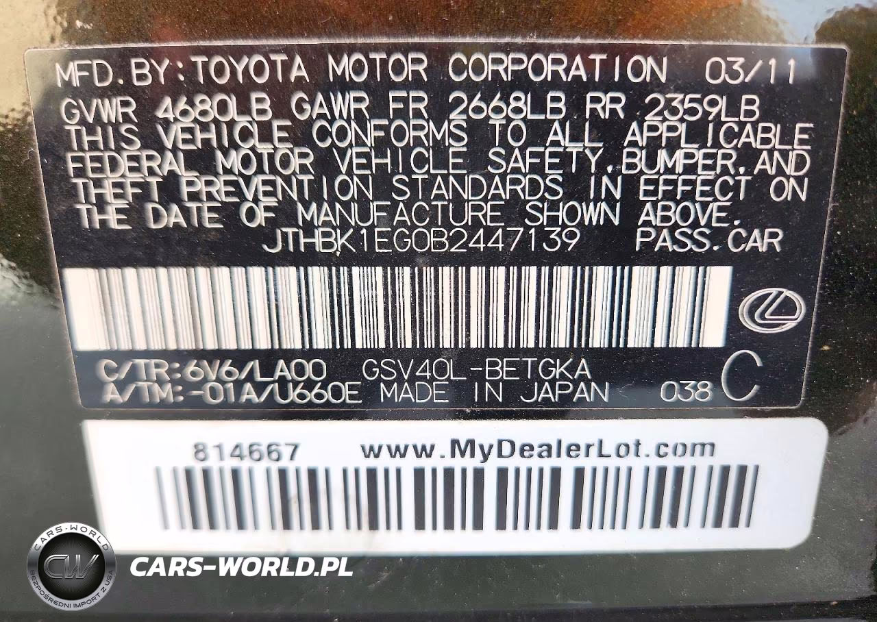 2011 Lexus Es 350 VIN:JTHBK1EG0B2447139 - 12