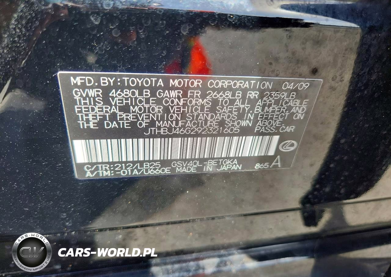 2009 Lexus Es 350 VIN:JTHBJ46G292321605 - 13
