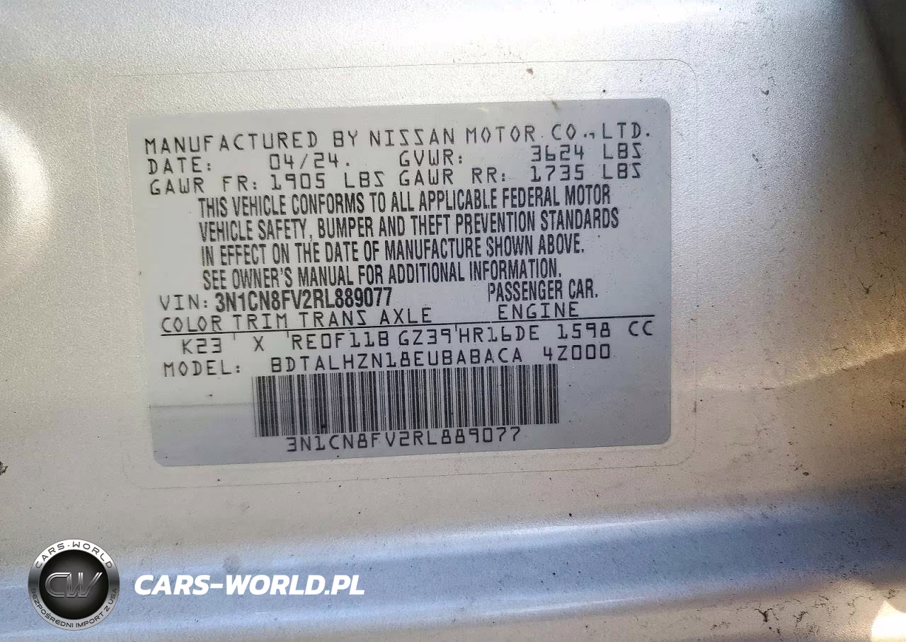2024 Nissan Versa Sr VIN:3N1CN8FV2RL889077 - 12