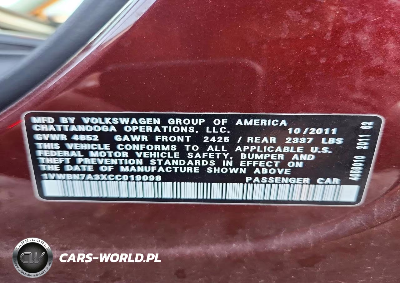 2012 Volkswagen Passat Se VIN:1VWBN7A3XCC019098 - 12