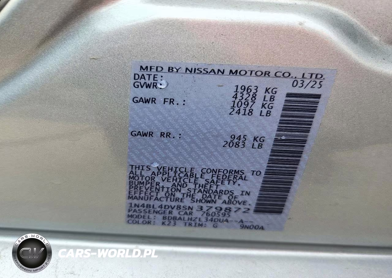 2025 Nissan Altima Sv VIN:1N4BL4DV8SN379872 - 12