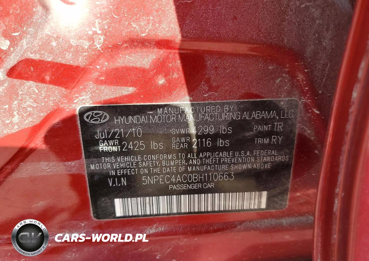2011 Hyundai Sonata Se VIN:5NPEC4AC0BH110663 - 10