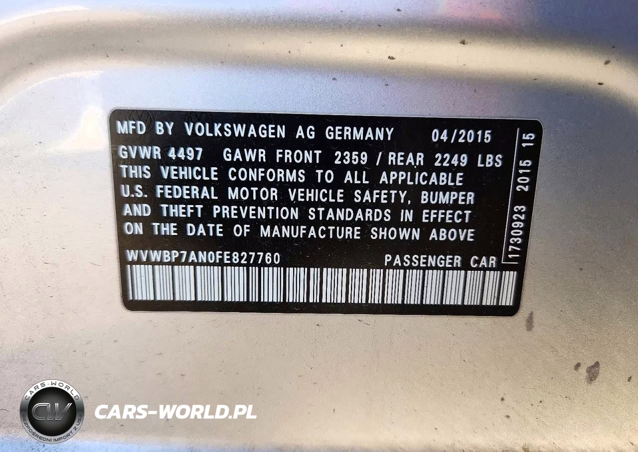 2015 Volkswagen Cc Sport VIN:WVWBP7AN0FE827760 - 12