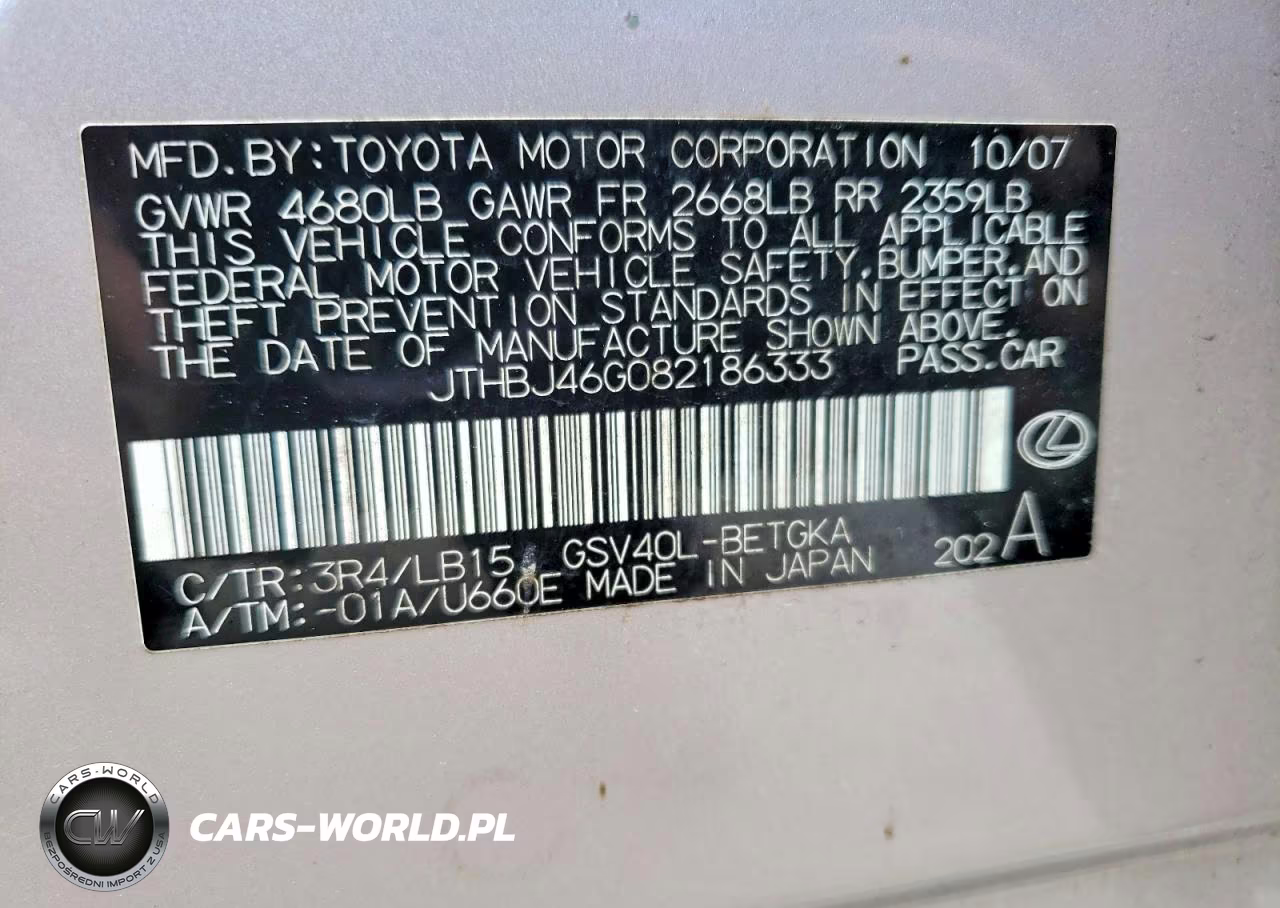 2008 Lexus Es 350 Base VIN:JTHBJ46G082186333 - 12