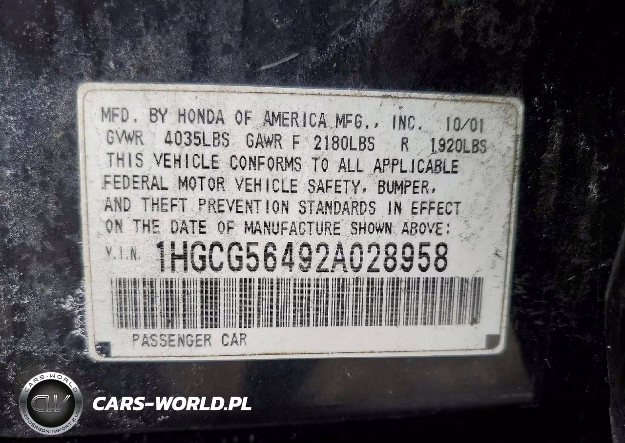2002 Honda Accord Lx VIN:1HGCG56492A028958 - 12