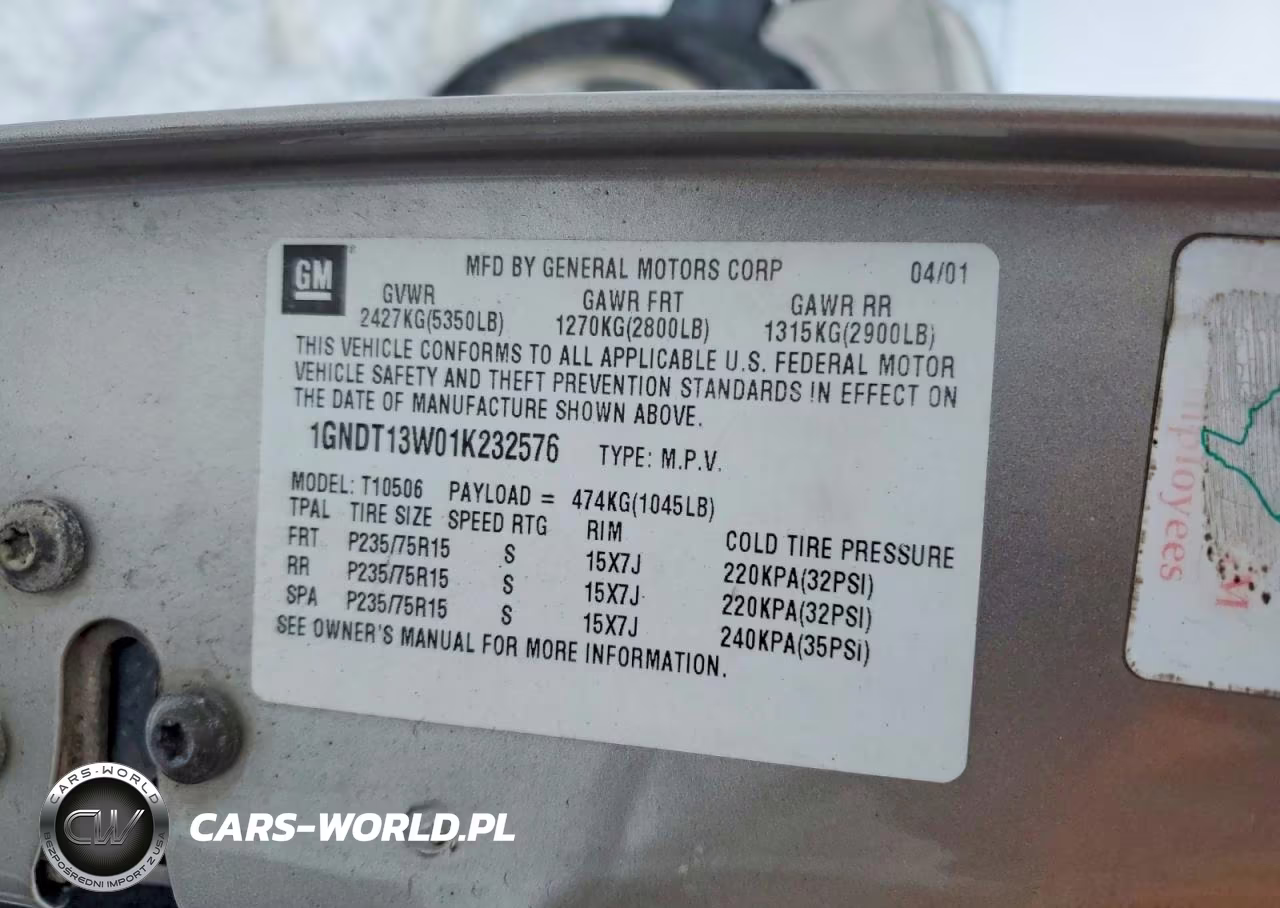 2001 Chev Blazer VIN:1GNDT13W01K232576 - 13