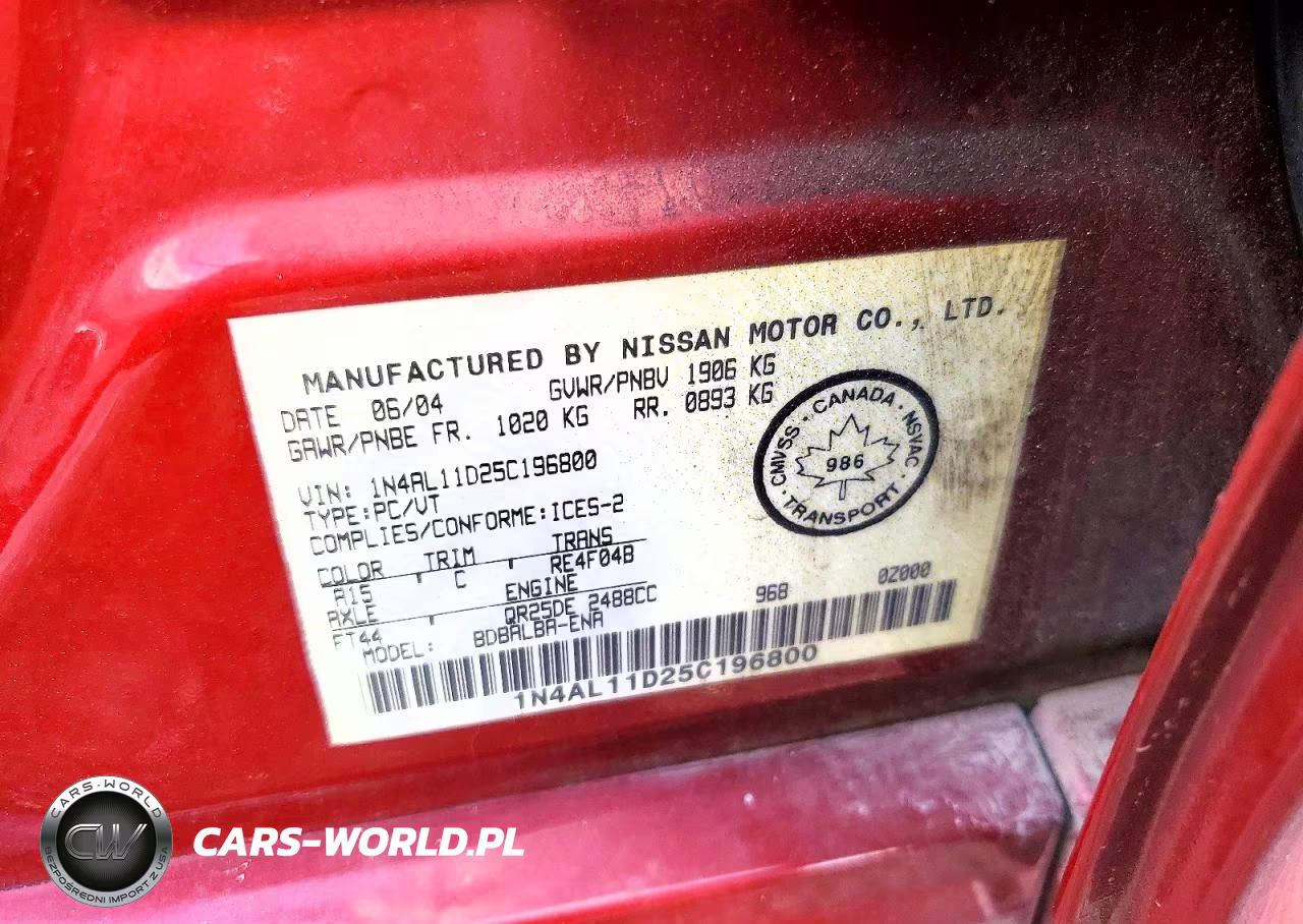2005 Niss Altima VIN:1N4AL11D25C196800 - 12