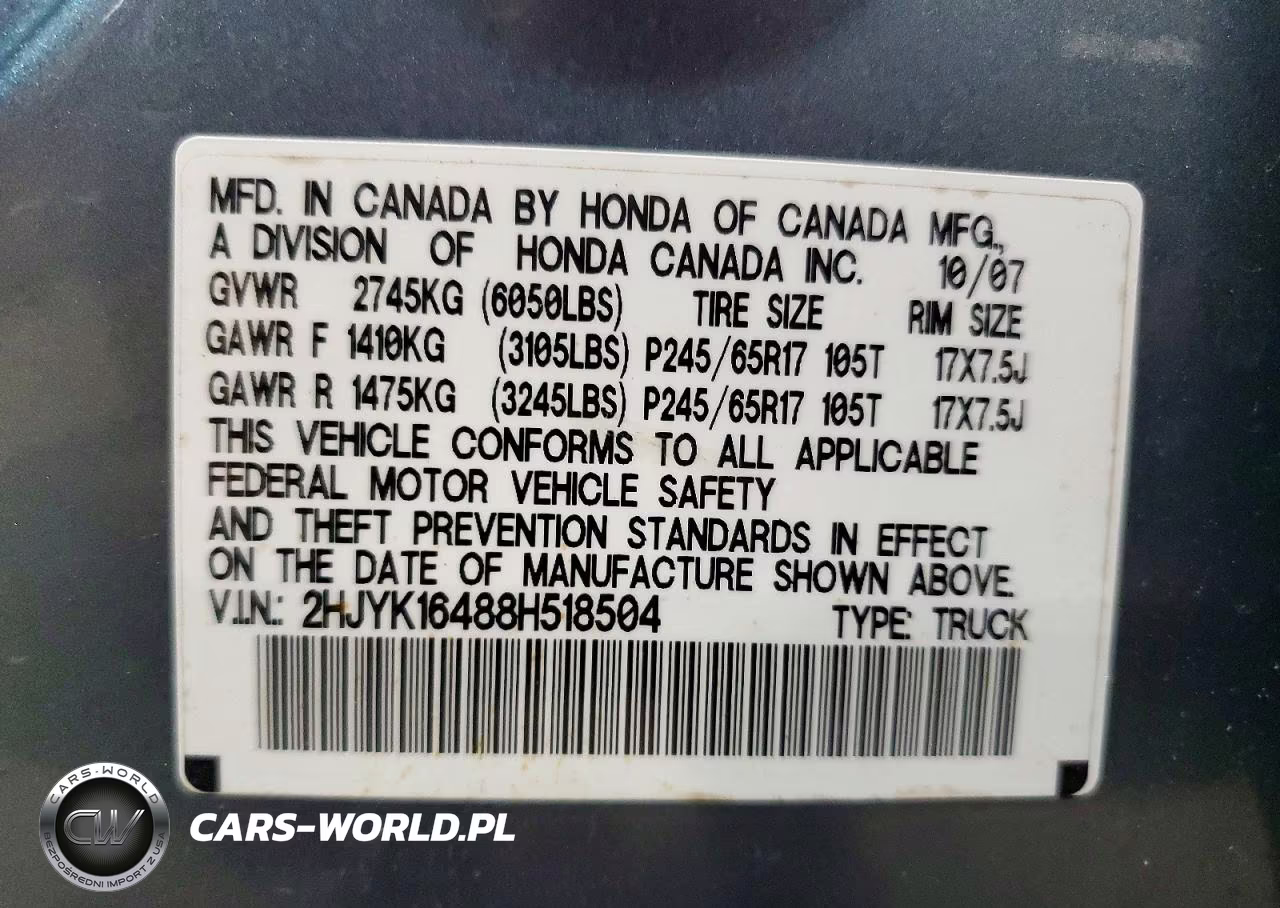 2008 Honda Ridgeline Rts VIN:2HJYK16488H518504 - 12