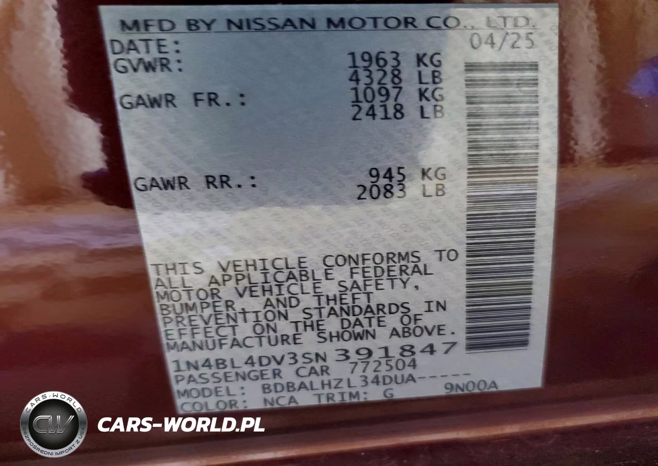 2025 Nissan Altima Sv VIN:1N4BL4DV3SN391847 - 12