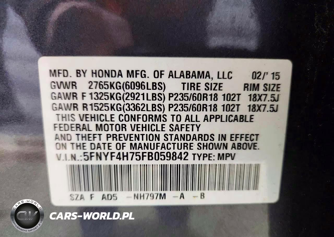 2015 Honda Pilot Exln VIN:5FNYF4H75FB059842 - 14