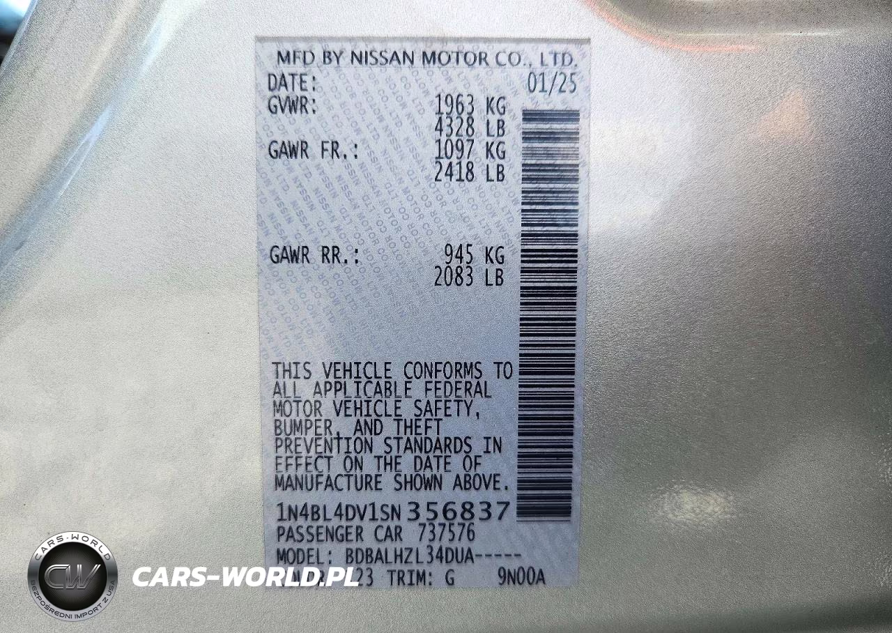 2025 Nissan Altima Sv VIN:1N4BL4DV1SN356837 - 12