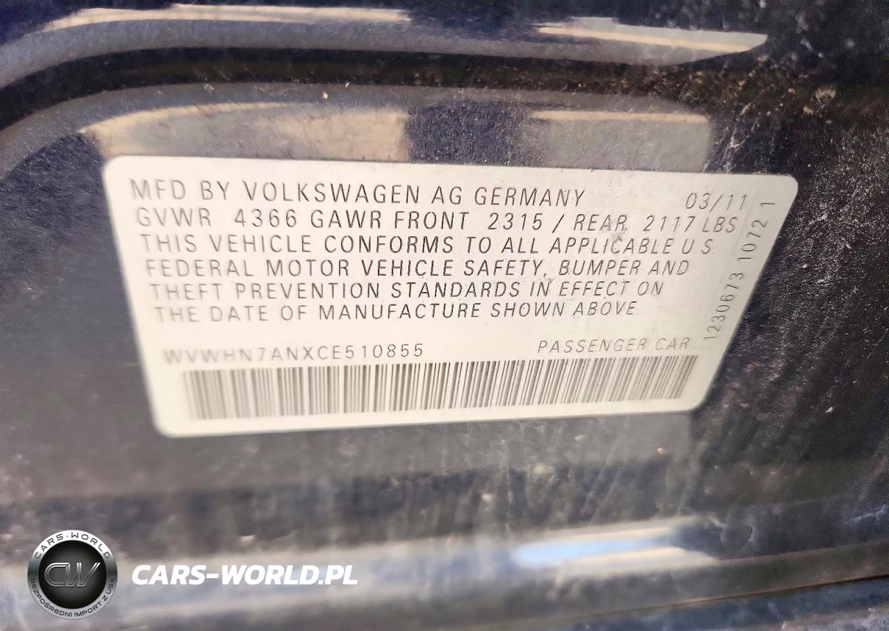 2012 Volkswagen Cc Luxury VIN:WVWHN7ANXCE510855 - 12