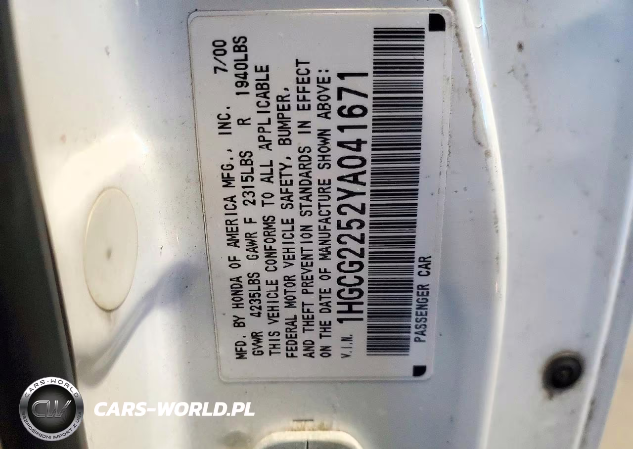 2000 Honda Accord VIN:1HGCG2252YA041671 - 12