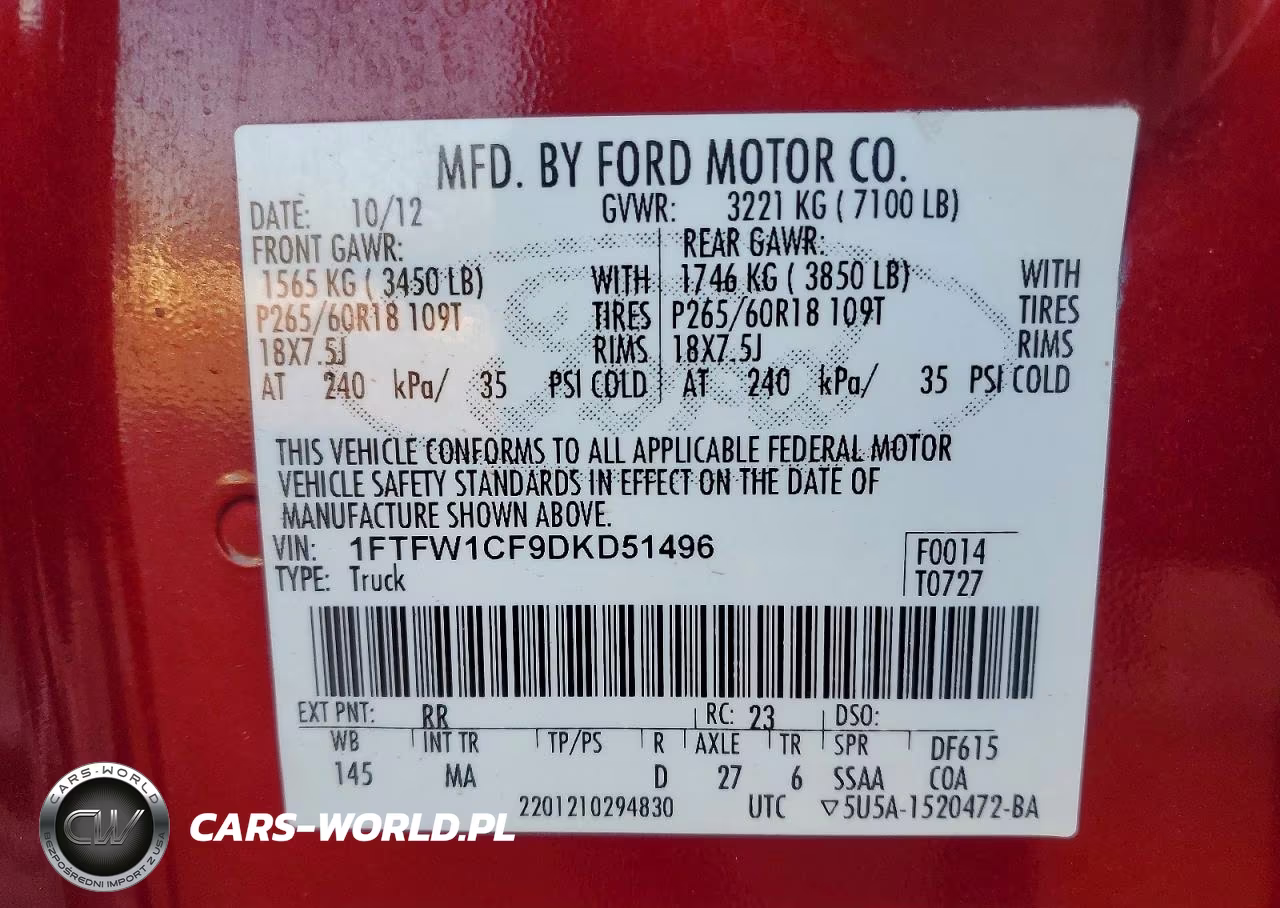 2013 Ford F150 Supercrew VIN:1FTFW1CF9DKD51496 - 12
