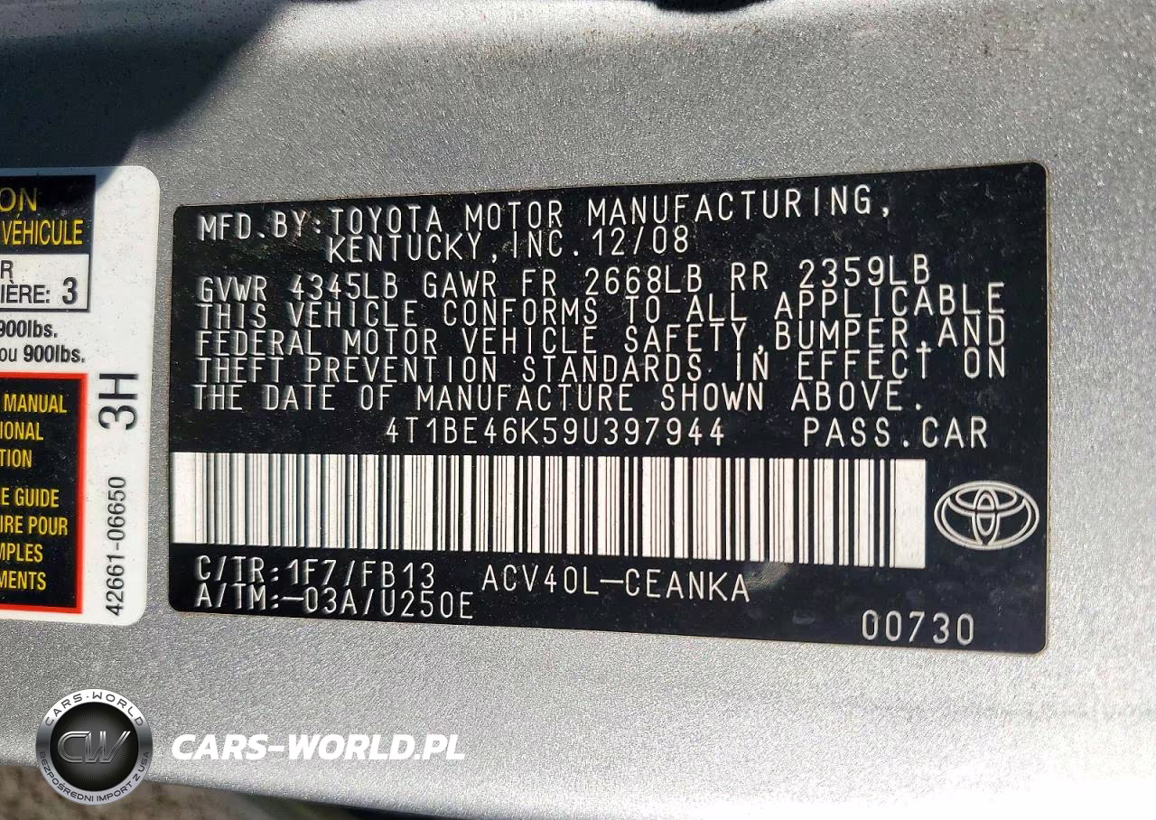 2009 Toyota Camry Le VIN:4T1BE46K59U397944 - 12