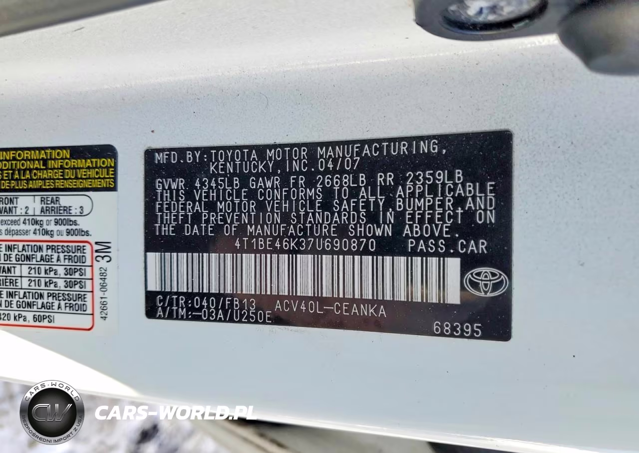 2007 Toyota Camry VIN:4T1BE46K37U690870 - 12