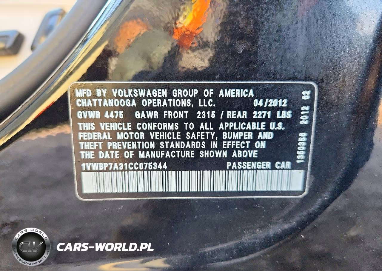 2012 Volkswagen Passat Se VIN:1VWBP7A31CC075344 - 12
