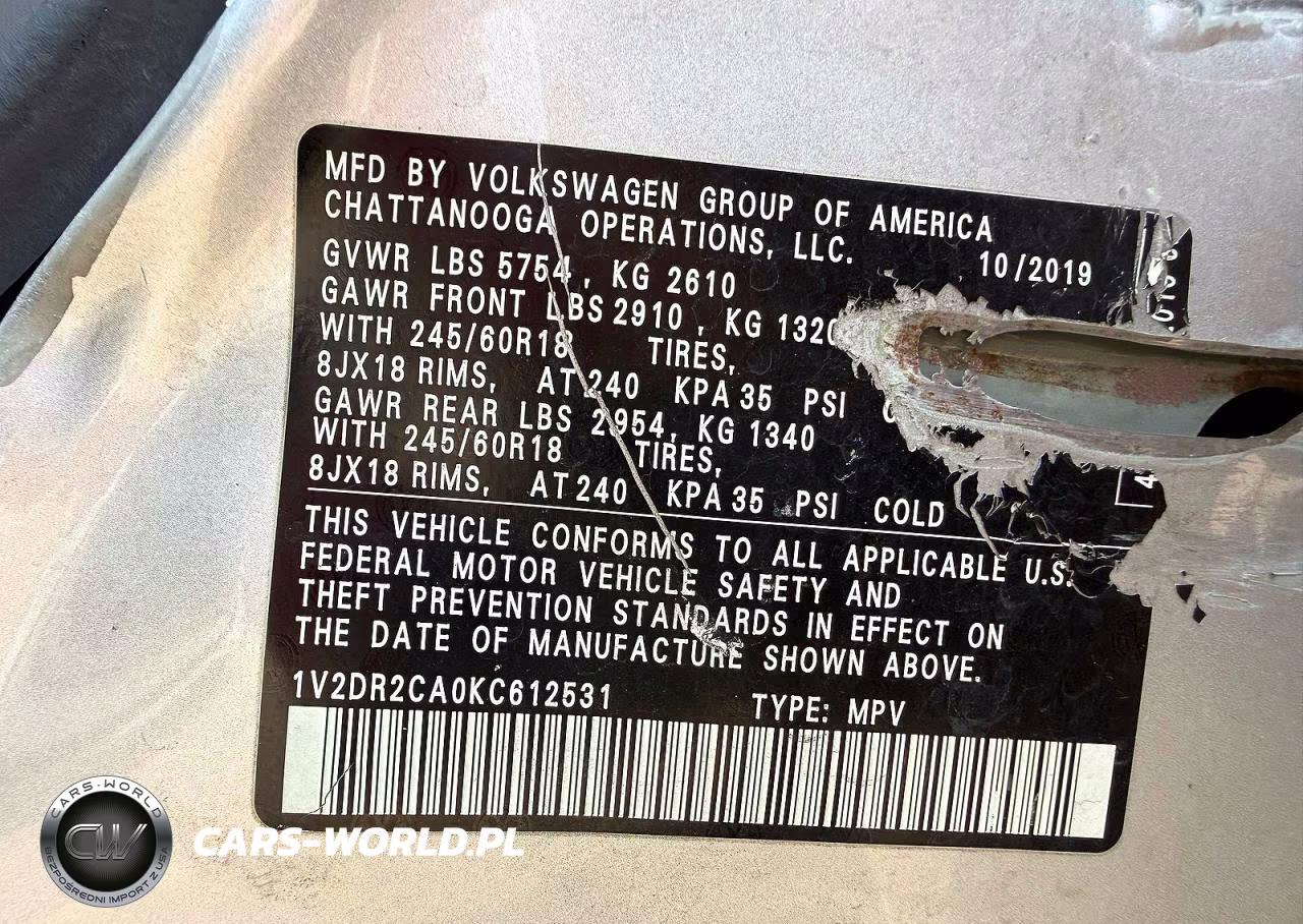 2019 Volkswagen Atlas Se VIN:1V2DR2CA0KC612531 - 10