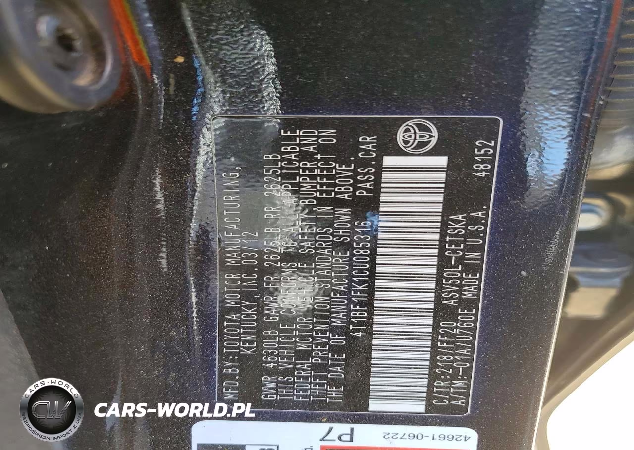 2012 Toyota Camry Base VIN:4T1BF1FK1CU085316 - 12