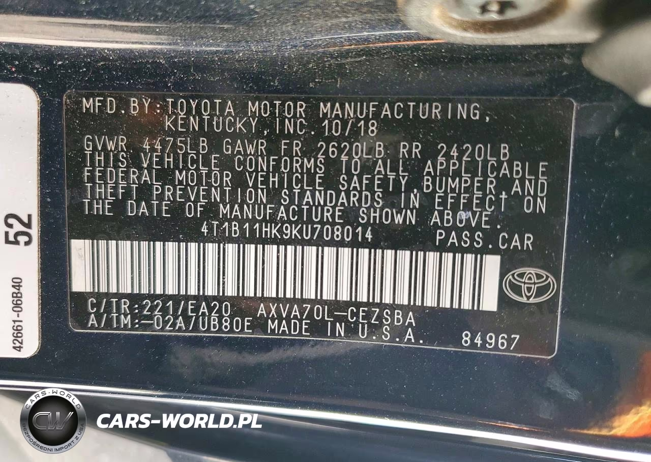2019 Toyota Camry L VIN:4T1B11HK9KU708014 - 12