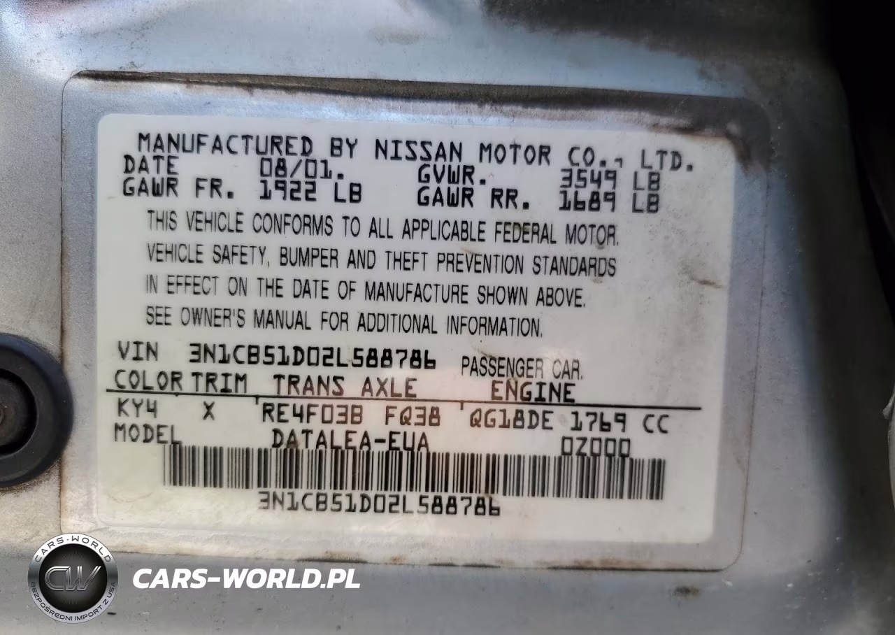 2002 Nissan Sentra Xe VIN:3N1CB51D02L588786 - 12