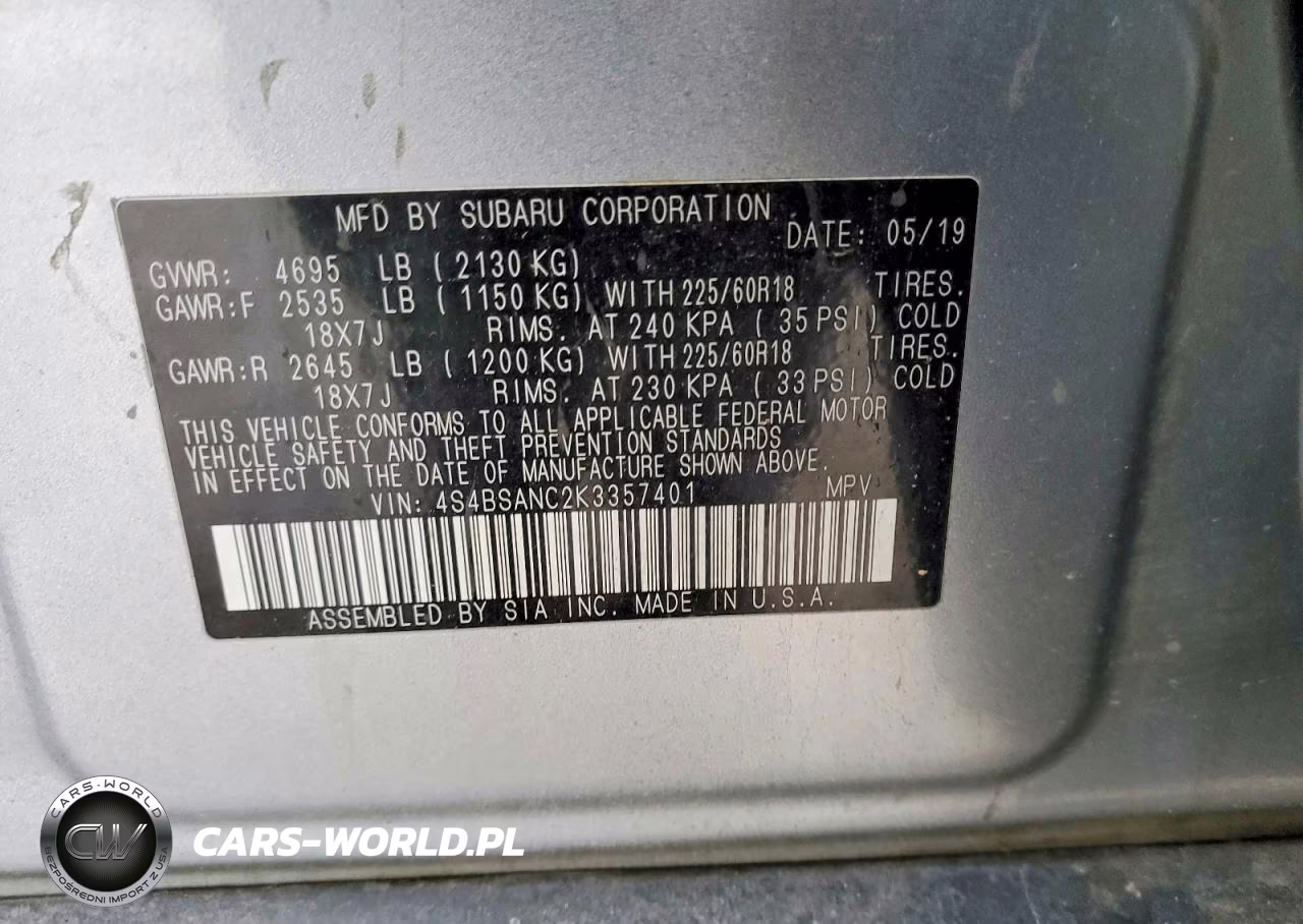 2019 Subaru Outback 2.5I Limited VIN:4S4BSANC2K3357401 - 12