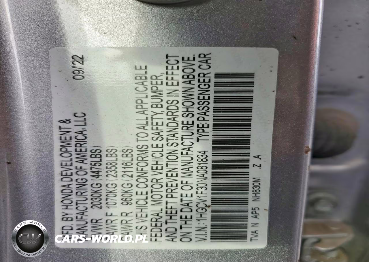 2022 Honda Accord Sport VIN:1HGCV1F30NA081834 - 12