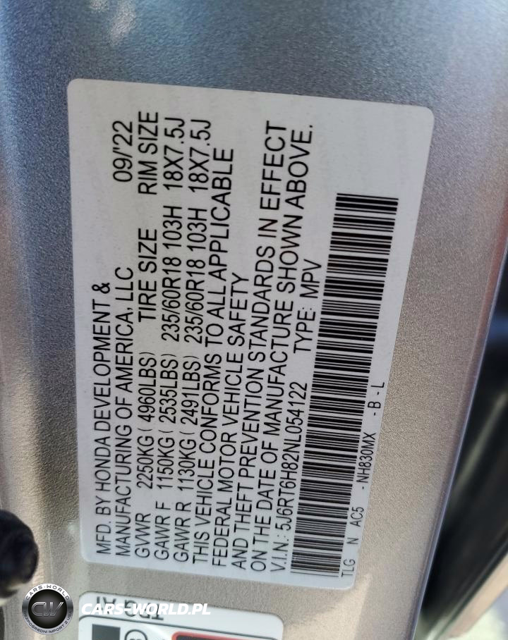 HONDA CR-V EXL VIN:5J6RT6H82NL054122 - 13