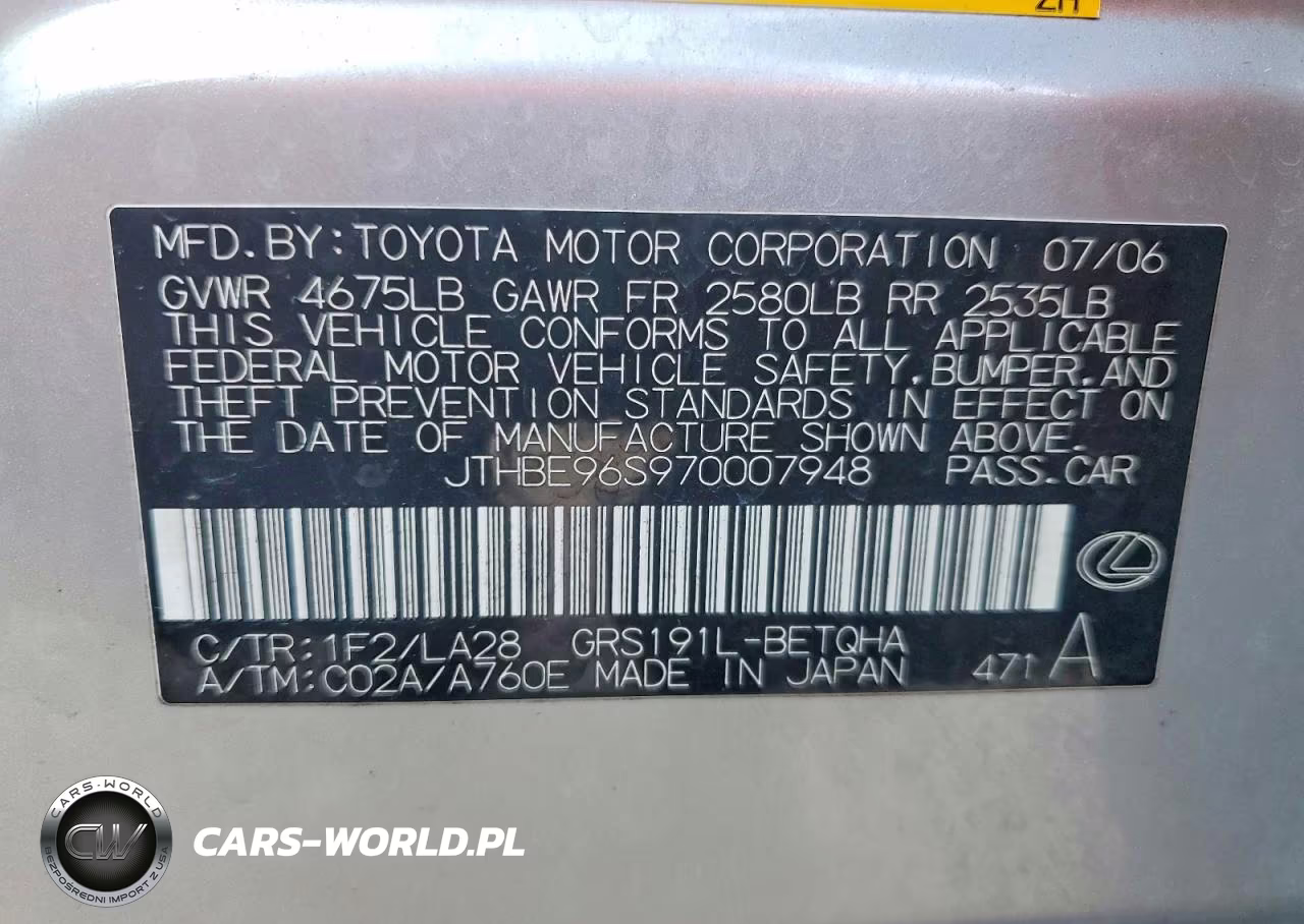2007 Lexus Gs 350 VIN:JTHBE96S970007948 - 12