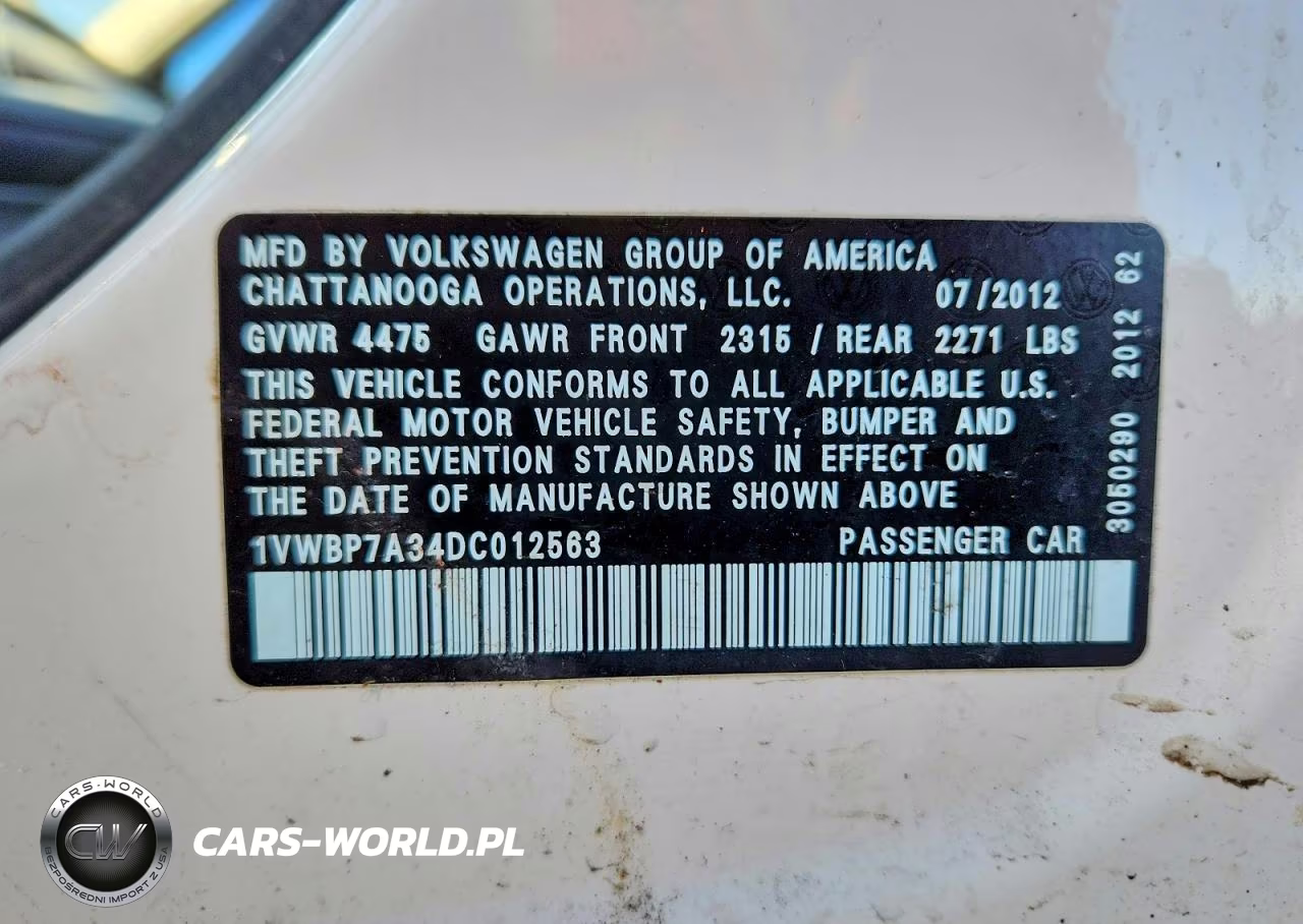 2013 Volkswagen Passat Se VIN:1VWBP7A34DC012563 - 12