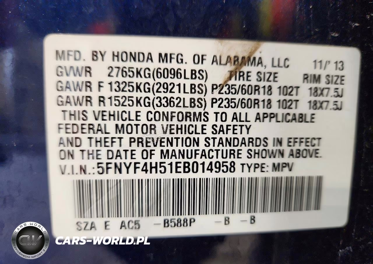 2014 Honda Pilot Exl VIN:5FNYF4H51EB014958 - 12