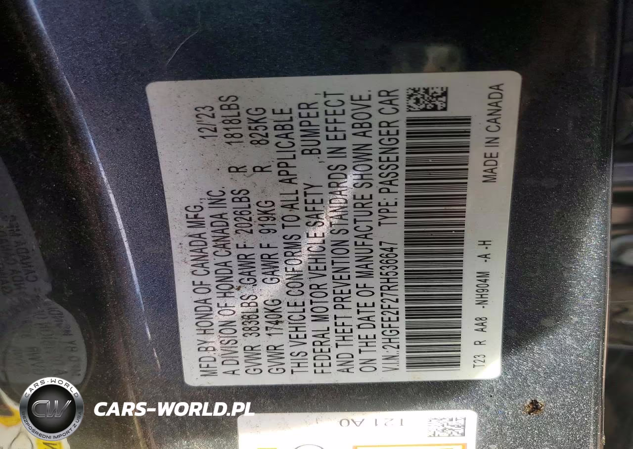 2024 Honda Civic VIN:2HGFE2F27RH536647 - 12