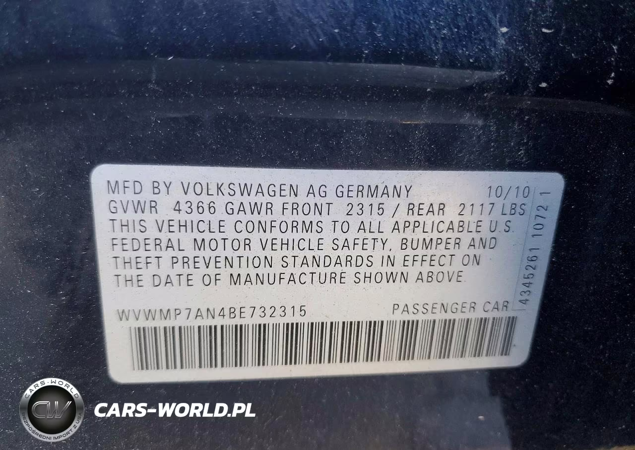 2011 Volkswagen Cc Sport VIN:WVWMP7AN4BE732315 - 12